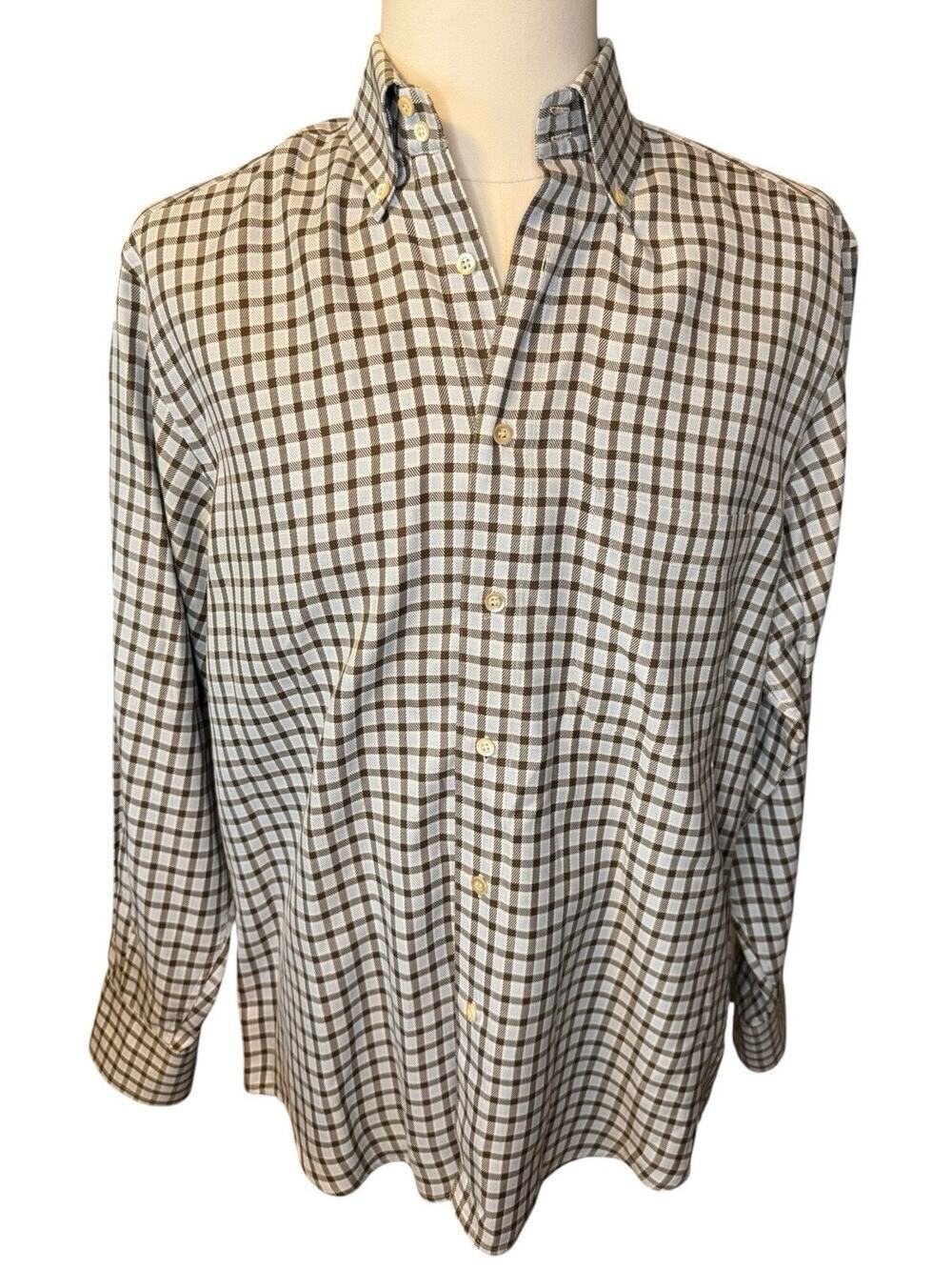 Ermenegildo Zegna Shirt Mens Cotton Large Button Down Brown Blue Plaid